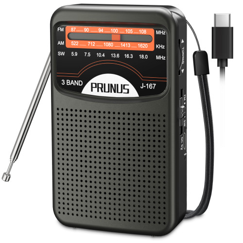 PRUNUS Portable Radio AM FM with Rechargeable Battery, Earphone Jack, Handheld Radio, Excellent Reception, Knob Easy to use, Tansistor Radio, J-167
