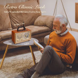 EU-PRUNUS J-110 AM/FM/SW retro radio with Bluetooth, nostalgic radio with 3 power supply options, wooden-look housing, 5W loudspeaker with improved bass, supports USB/TF/AUX. Yellow LED