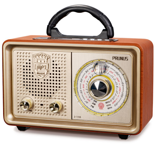 EU-PRUNUS J-110 AM/FM/SW retro radio with Bluetooth, nostalgic radio with 3 power supply options, wooden-look housing, 5W loudspeaker with improved bass, supports USB/TF/AUX. Yellow LED