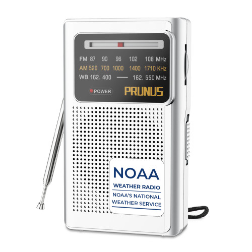 PRUNUS J-161 NOAA Weather Radio, AM FM Radio Battery Operated by 2 AA Transistor Radio with Best Reception,Stereo Earphone Jack, for Emergency,Hurricane,Running, Walking,Home (Silver)