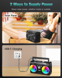 PRUNUS J-750 AM FM Radio Portable with Bluetooth Speaker, USB TF Card Playing, Solar/USB-C Rechargeable Radio, Double Speaker, Colorful Light, Transistor Radio, Radios Portable AM FM, Bluetooth Radio