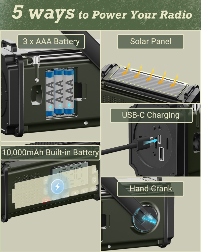 Radio Emergenza Esky 10000mAh - Manovella, Solare, USB, AM/FM/NOAA, Torcia, Power Bank - Foto 5