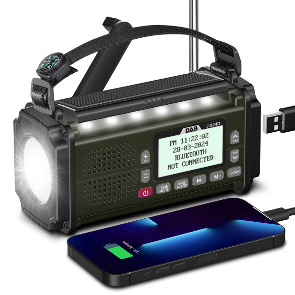 PRUNUS J-924D  DAB+/FM Emergency Radio, Portable USB-C/Solar Charging/Crank Radio, 10000mAh Backup Power Source, AAA Battery Powered, Support Bluetooth, TF, USB, SOS Alarm with Flashlight and Reading Lamp, Compass for Outdoor Survival （ONLY Ship To EU）