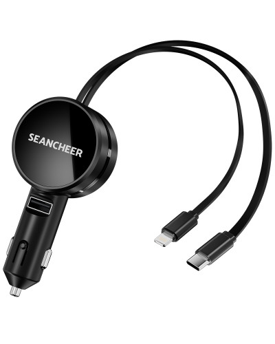 SEANCHEER Retractable Car Charger Andriod 30W Lightning 12W 3 in 1 Fast Charger adapter Retractable Charging Cables 31.5inches Simultaneously Charge 3 Devices Mini Size Easy to carry