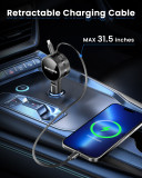 SEANCHEER Retractable Car Charger Andriod 30W Lightning 12W 3 in 1 Fast Charger adapter Retractable Charging Cables 31.5inches Simultaneously Charge 3 Devices Mini Size Easy to carry