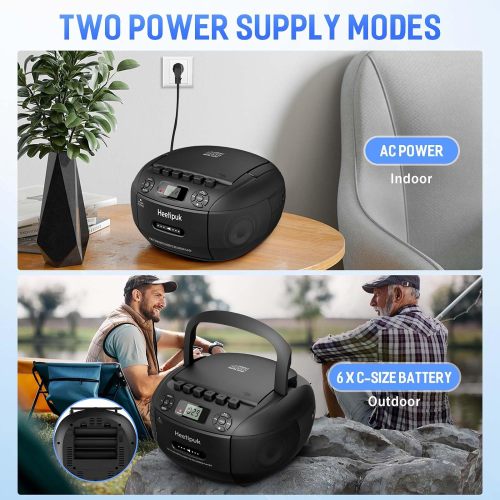 Heetipuk CD Player Boombox Cassette Player with Bluetooth,AM/FM Radio, Stereo Sound, AUX/USB Drive,Tape Recording,AC and C Battery Powered,Headphone Jack,LCD Display for Home,Gift