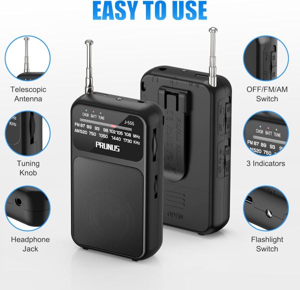 PRUNUS J-555 Portable Radio AM FM Battery Operated/USB-C Charging ...