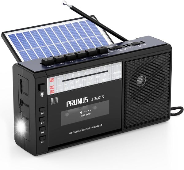 PRUNUS J-360 Cassette Tape Player Boombox with Bluetooth, Tape Recording, AM FM Portable Radio,Solar/Battery Operated Radio/Rechargeable,AUX/TF/USB Drive,Flashlight,Headphone Jack,Gift Cassette Player