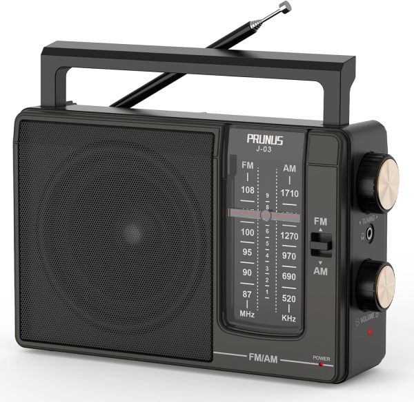 PRUNUS J-03 AM FM Radio Portable Plug in Wall or AA Battery Operated for Home/Outdoor, Large Speaker Excellent Sound, Excellent Reception 19.5 ant, Large Tuning Knobs for Easy to Use,Gifts for Seniors