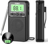PRUNUS J-128 Pocket AM FM Radio Portable with Battery Operated Radio by 2 AA,Automatic Station,Headphone Jack,Back Clip,Flashlight,Large Screen,Lock Key Walkman Radio, Alarm/Sleep Timer,Digital Radio