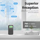 PRUNUS J-128 Pocket AM FM Radio Portable with Battery Operated Radio by 2 AA,Automatic Station,Headphone Jack,Back Clip,Flashlight,Large Screen,Lock Key Walkman Radio, Alarm/Sleep Timer,Digital Radio