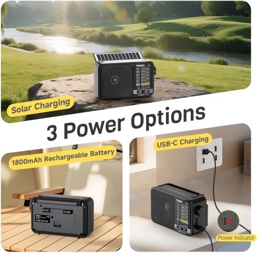 PRUNUS J-25S AM FM Radio Portable with Loud Speaker, USB-C/Solar Rechargeable Radio, Transistor Radios with Excellent Reception, Large Knob Easy to Use, for Seniors, Radios Portable AM FM