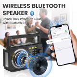 PRUNUS J-135 AM FM SW Radio Portable Bluetooth, Solar/D Battery Operated/USB Rechargeable, Small Transistor Retro Radios with Best Sound, Flashlight,Support TF Card/USB Playing
