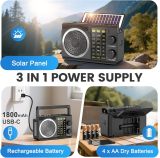 PRUNUS J-135 AM FM SW Radio Portable Bluetooth, Solar/D Battery Operated/USB Rechargeable, Small Transistor Retro Radios with Best Sound, Flashlight,Support TF Card/USB Playing
