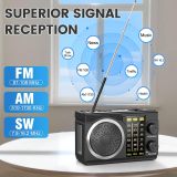 PRUNUS J-135 AM FM SW Radio Portable Bluetooth, Solar/D Battery Operated/USB Rechargeable, Small Transistor Retro Radios with Best Sound, Flashlight,Support TF Card/USB Playing