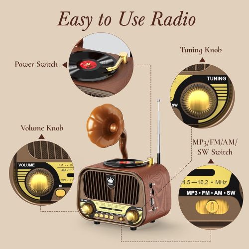 PRUNUS J-190 Portable Radio AM FM SW Bluetooth, Retro Radios Vintage Small Transistor Radio with Best Sound,USB Rechargeable, Support TF Card/USB Playing,Rotary Knob Great, Gifts for Seniors