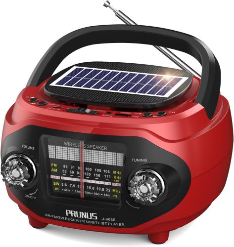 PRUNUS J-666 Portable Radio AM FM SW Bluetooth, Retro Radios Vintage Transistor with 15W Speaker Rich Bass Stereo Best Sound, Solar/USB Rechargeable,AUX/USB Drive, Home,Gift