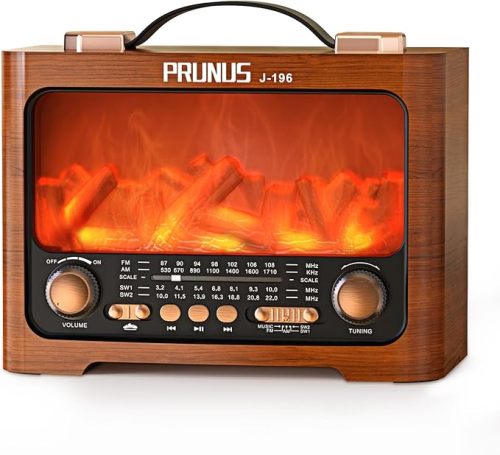 PRUNUS J-196 Vintage Flame LED Radio, Retro Bluetooth Speaker, FM/AM/SW1/SW2, TF/USB Playback, USB C Charging, Portable Handle, Excellent Sound and Loud MAX Volume, Vintage Radio, Retro Radios