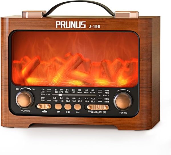 PRUNUS J-196 Vintage Flame LED Radio, Retro Bluetooth Speaker, FM/AM/SW1/SW2, TF/USB Playback, USB C Charging, Portable Handle, Excellent Sound and Loud MAX Volume, Vintage Radio, Retro Radios