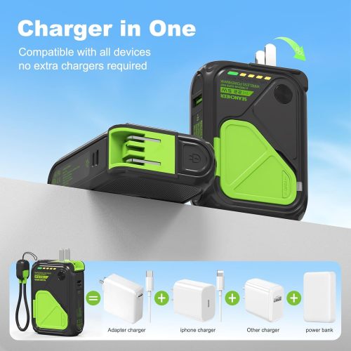 SEANCHEER P05 Portable Charger, Magnetic Power Bank, Small Wireless PowerBank, Battery Pack 10000mAh Travel Essentials Fast Charging with Built in Cable, Foldable Wall Plug for iPhone,Samsung,Andriod