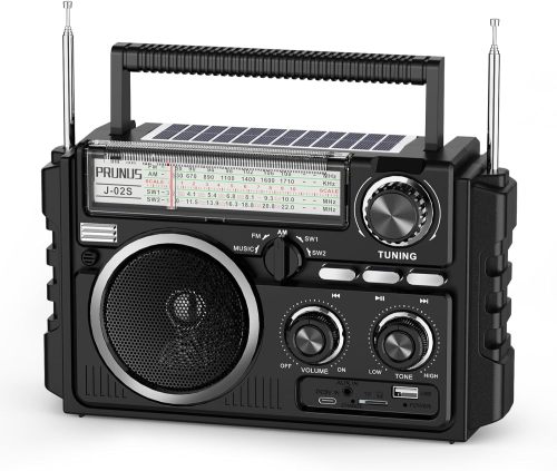 PRUNUS J-02 AM FM SW Radio Portable with Bluethooth, Solar/Battery Operated/USB Rechargeable, Support TF Card/USB Playing,Transistor Radios with Excellent Reception,Large Knob Easy to Use, for Seniors