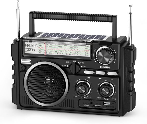 PRUNUS J-02 AM FM SW Radio Portable with Bluethooth, Solar/Battery Operated/USB Rechargeable, Support TF Card/USB Playing,Transistor Radios with Excellent Reception,Large Knob Easy to Use, for Seniors