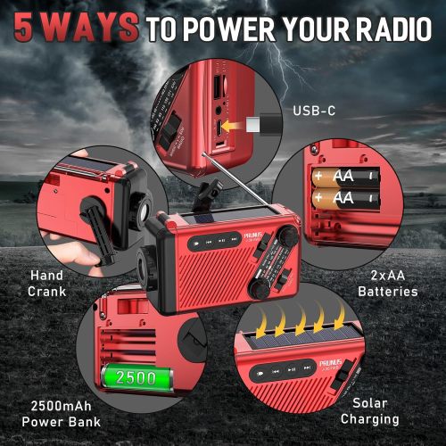 PRUNUS J-361 9250mWh Emergency Weather Radio, AA Batteries/Hand Crank/Solar/USB Charging, NOAA/AM/FM, LED Flashlight and Reading Lamp,SOS Alarm & Flashlight