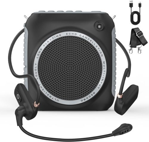 15W Wireless Voice Amplifier with Soft Silicone Headset Mic – Portable Mini Speaker for Teachers, Classroom, Tour Guides, Training & Outdoor, 14H Battery, Noise Reduction & Anti-Feedback, Black