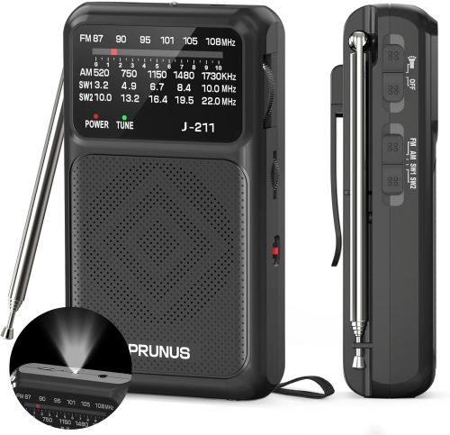 PRUNUS J-211 Portable Radio AM FM with USB Charging and AA Battery Operated, Transistor Radio, Strong Reception& Clear Speaker, Headphone Jack, Back Clip, Lanyard, Small radios Portable AM FM