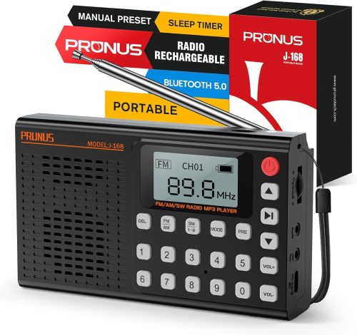 PRUNUS J168 Portable Radio AM FM with Bluetooth, Excellent Reception, Preset, TF Card Playback, Sleep Timer, USB C Charging, Headphone Jack, Long Antenna, Digital Radio AM FM