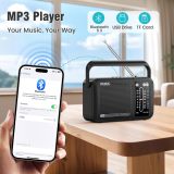 PRUNUS J156 Portable Radio AM FM SW Bluetooth, USB-C Charging and Battery Operated Radio, Excellent Sound, TF Card/USB Playback, Tuning and Volume Wheels, 3.5mm Earphone Jack, Gift for Seniors