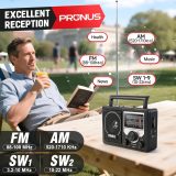 PRUNUS J-81 AM FM Radio Portable Bluetooth, Solar/AA Battery Operated/USB-C Rechargeable for Emergency, Transistor Radios with Headphone Jack,Support TF Card/USB Playing, Large Knob Easy to Use