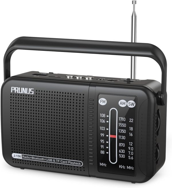 PRUNUS J156 Portable Radio AM FM SW Bluetooth, USB-C Charging and Battery Operated Radio, Excellent Sound, TF Card/USB Playback, Tuning and Volume Wheels, 3.5mm Earphone Jack, Gift for Seniors