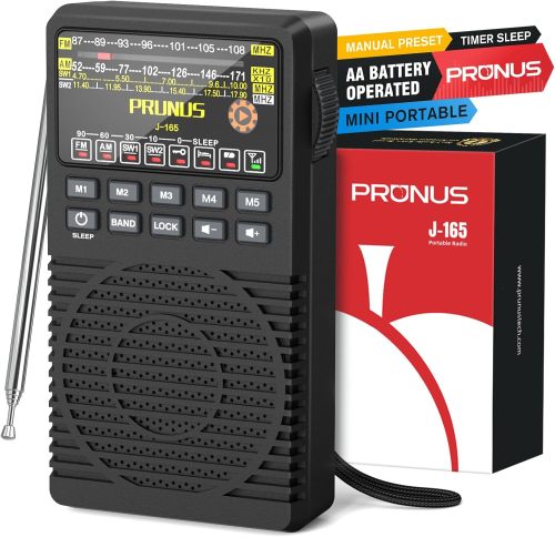 PRUNUS J-165 Portable Radio AM FM, 5 Preset Station Buttons, Battery Operated Radio with Tuning Light, Back Clip, Excellent Reception, AM FM Radios Portable, Transistor Radios