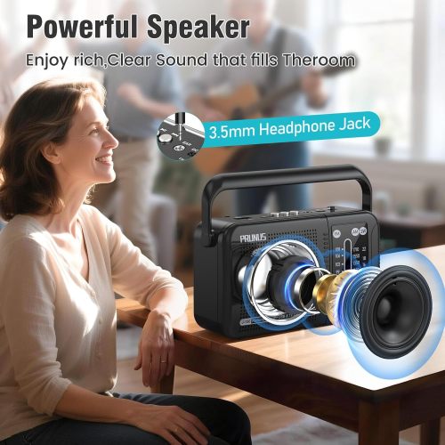 PRUNUS J156 Portable Radio AM FM SW Bluetooth, USB-C Charging and Battery Operated Radio, Excellent Sound, TF Card/USB Playback, Tuning and Volume Wheels, 3.5mm Earphone Jack, Gift for Seniors