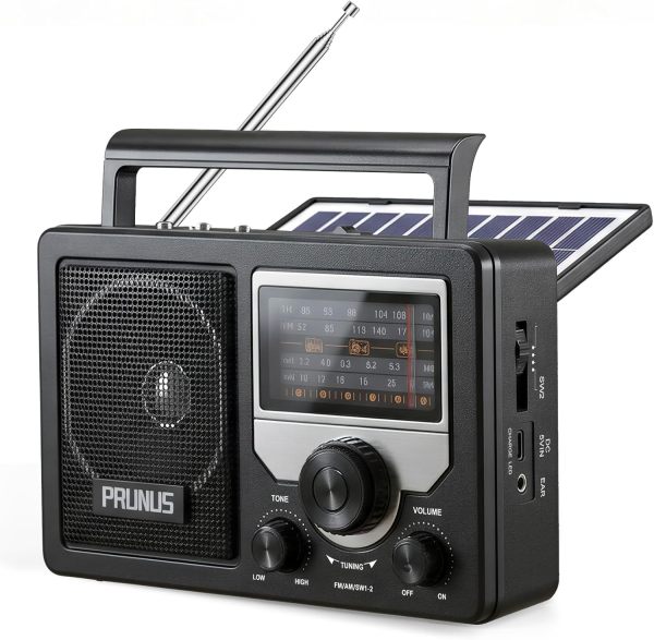 PRUNUS J-81 AM FM Radio Portable Bluetooth, Solar/AA Battery Operated/USB-C Rechargeable for Emergency, Transistor Radios with Headphone Jack,Support TF Card/USB Playing, Large Knob Easy to Use