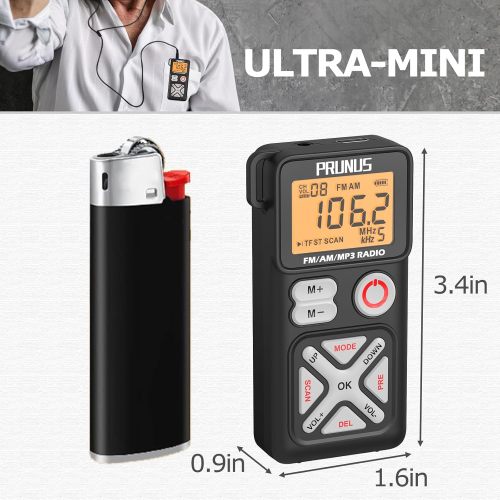 PRUNUS J-988 Pocket AM FM Radio Portable Personal Mini Radio with Digital Tuning LCD Display and Back Clip, Rechargeable Pocket Radio with Earphone and SD Card Player for Walking, Jogging