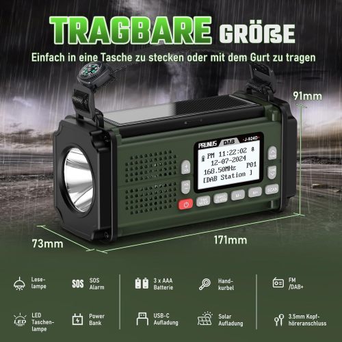 EU  PRUNUS J-924D  DAB+/FM Emergency Radio, Portable USB-C/Solar Charging/Crank Radio, 10000mAh Backup Power Source, AAA Battery Powered, Support Bluetooth, TF, USB, SOS Alarm with Flashlight and Reading Lamp, Compass for Outdoor Survival （ONLY Ship To EU）