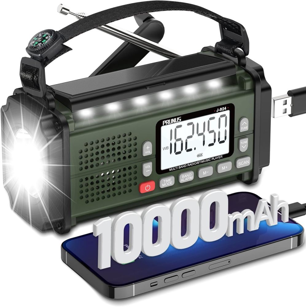 PRUNUS Radio Solaire à Manivelle 924 - 10000mAh/37000mWh, Radio Météo NOAA AM/FM/SW, Lampe Torche, Alarme SOS, Power Bank & Boussole - Urgence & Camping