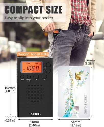 PRUNUS J-125 Pocket AM/FM Radio with 198 Presets, Alarm & Sleep Timer