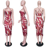 SC Chain Printed Backless Spaghetti Straps Midi Dress LSL-6242
