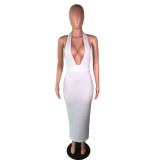 SC Deep V Neck Halter White Slim Long Dresses BS-1031