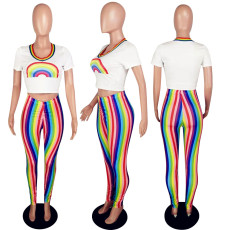 SC Rainbow Stripes T Shirt Pants Skinny 2 Piece Suits MYP-8881