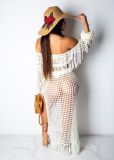 SC Grid Tassel Off Shoulder Split Long Skirt Sets TR-938