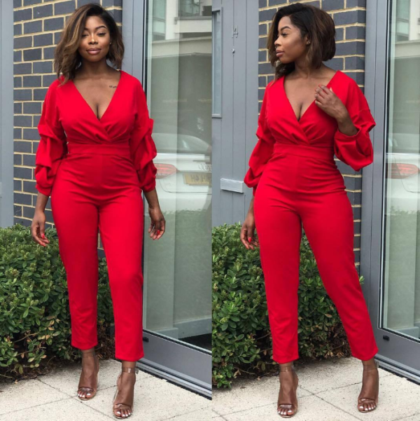 SC Red Deep V Neck Puff sleeve Jumpsuit MYP-8826