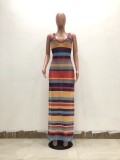 SC Colorful Striped Mesh High Split Beach Maxi Dress TR-943
