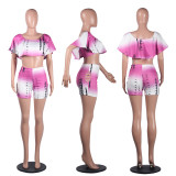 Sexy Tie Dye Print Crop Top Shorts Hollow Out Matching Set YLY-2300