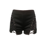 SC Black Hollow Out Lace Up Bodycon Shorts BS-1060