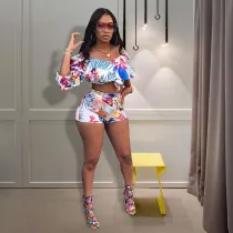 SC Floral Print Off Shoulder Crop Top Mini Skirt Suit NIK-016