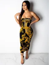 SC Retro Printed Club Strapless Midi Wrap Dresses QZX-6036